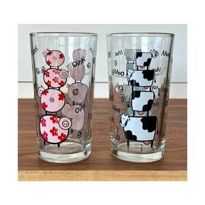 16 oz Glass Tumblers Pigs Oink Cows Moo Novelty Set of 2